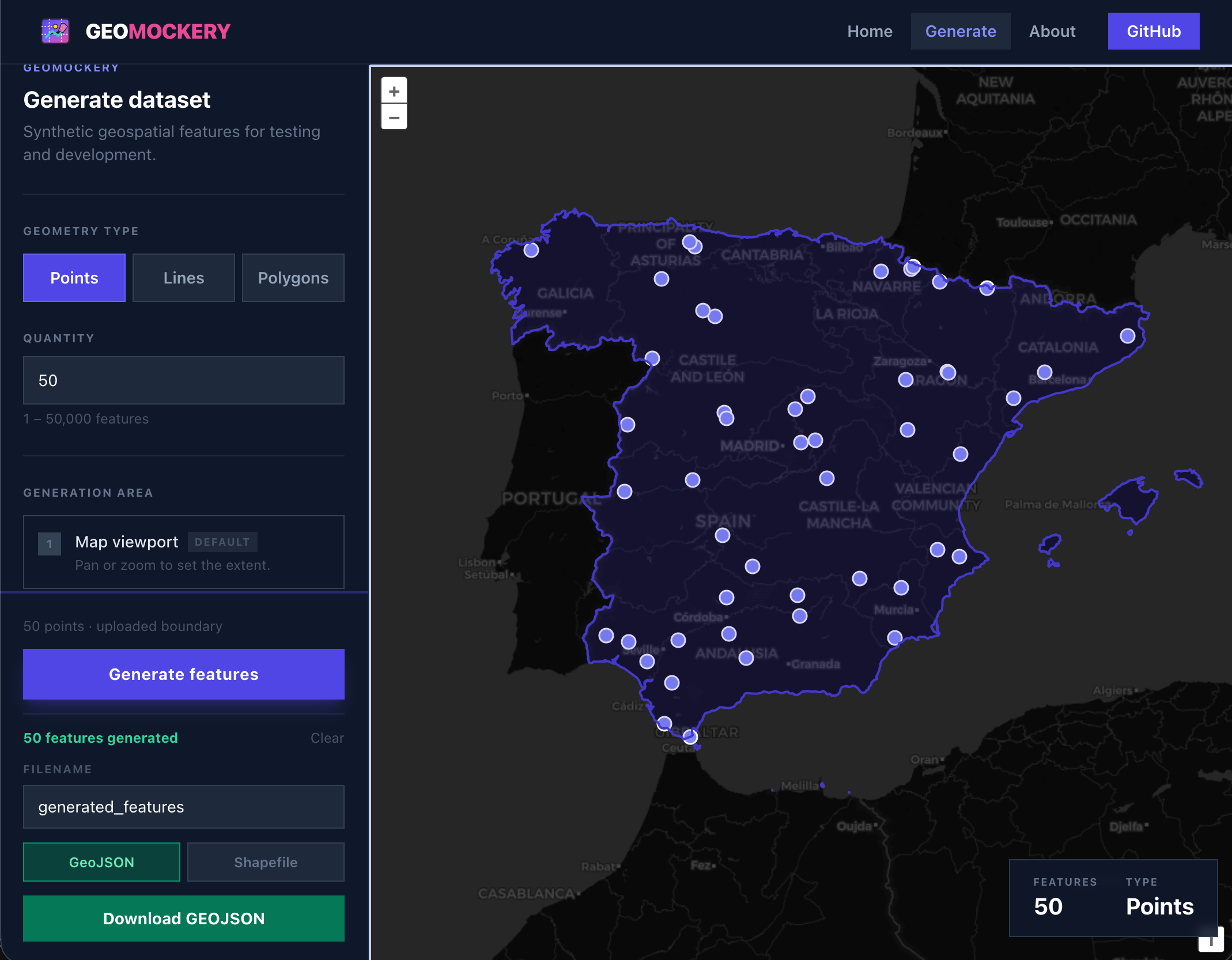 Geomockery — 50 synthetic points generated over Spain on a dark map